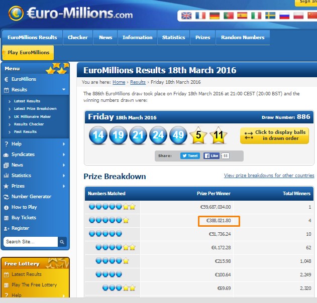 Лотерейная статистика. Euromillions Results. ЕВРОМИЛЛИОН Результаты. Результаты ЕВРОМИЛЛИОН на сегодня.